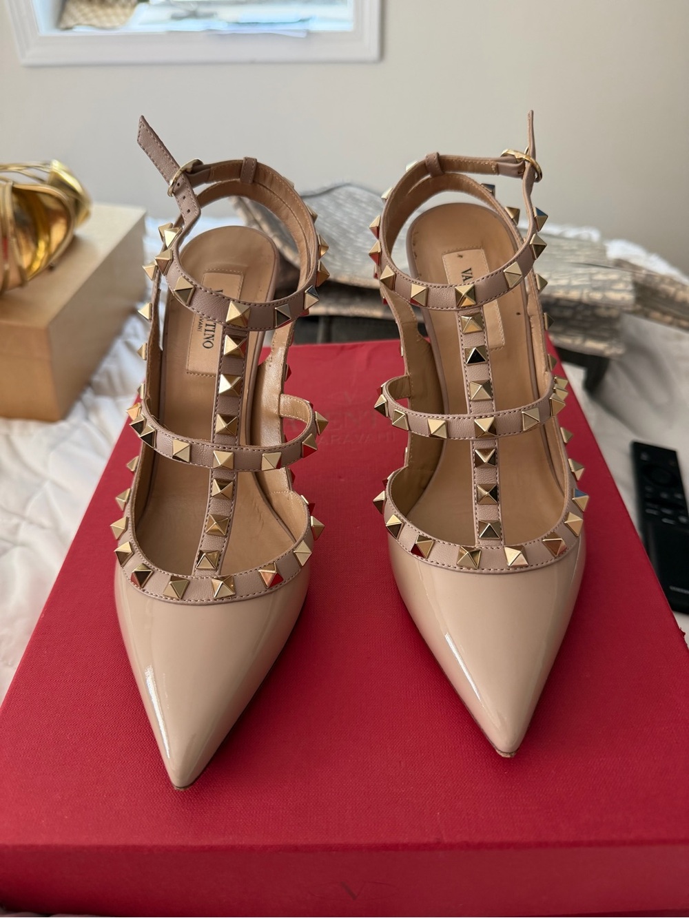 Valentino Garavani Beige Patent Leather Studded T-Strap Pumps